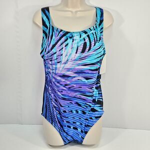 Longitude Women's Size 16 One Piece Swimsuit Blue Purple Palm Leaf Tummy Control